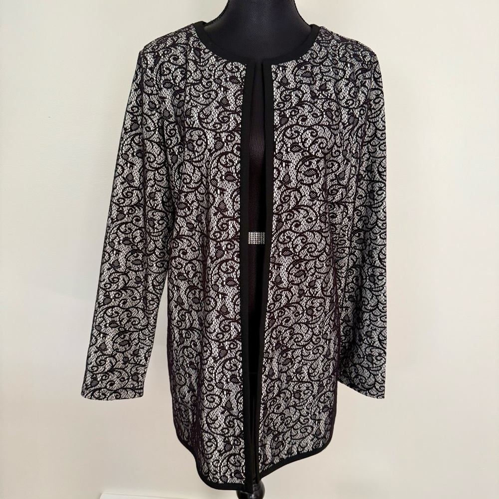 Preston & York Black and White Lace Accent Long Jacket